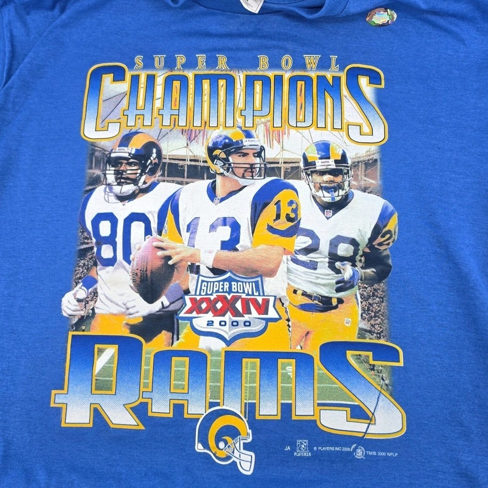 Vintage 2000 St Louis LA Rams Super Bowl XXXIV Champions T-Shirt XL NWT Blue